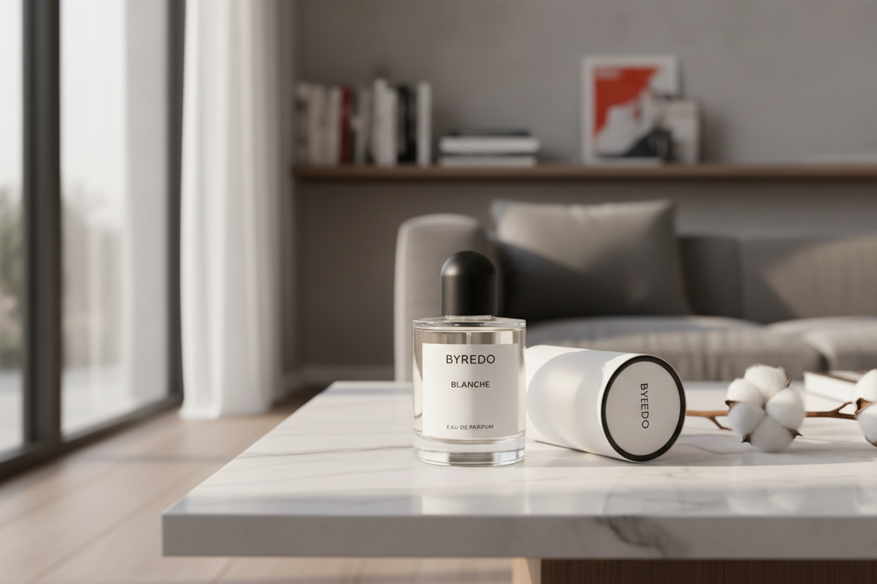 MAKE AN IMAGE OF BYREDO PARFUMS KEPT ON TABLE